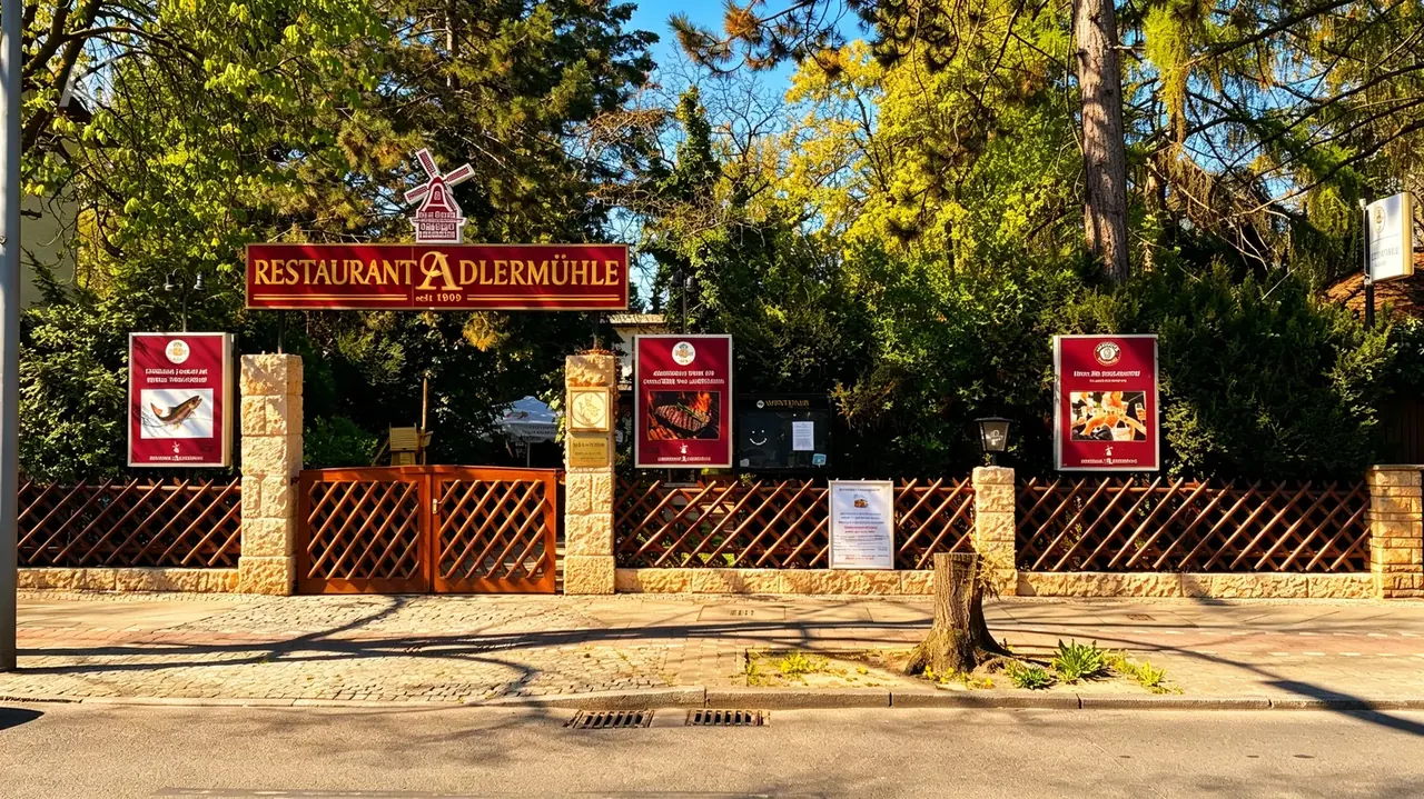 Eingang des Restaurant Adlermühle am Mariendorfer Damm 320 in Berlin-Mariendorf